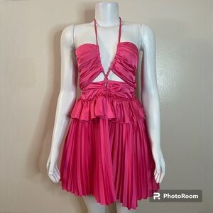 Hot pink halter neck ruffle details at front accordion pleated cutout mini dress